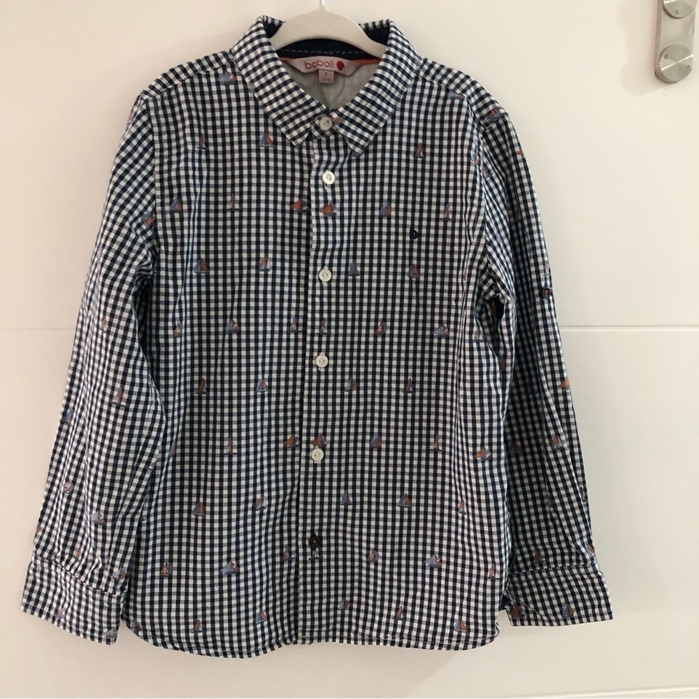 Boboli Boys Check Pattern Button Down Shirt With Sailboat Print Size 7